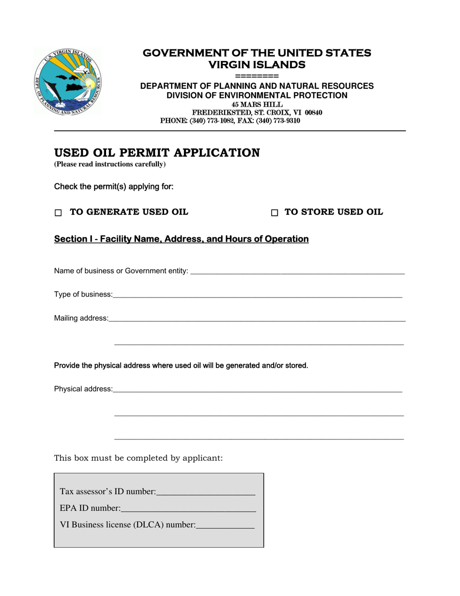 Used Oil Permit Application - Virgin Islands, Page 1