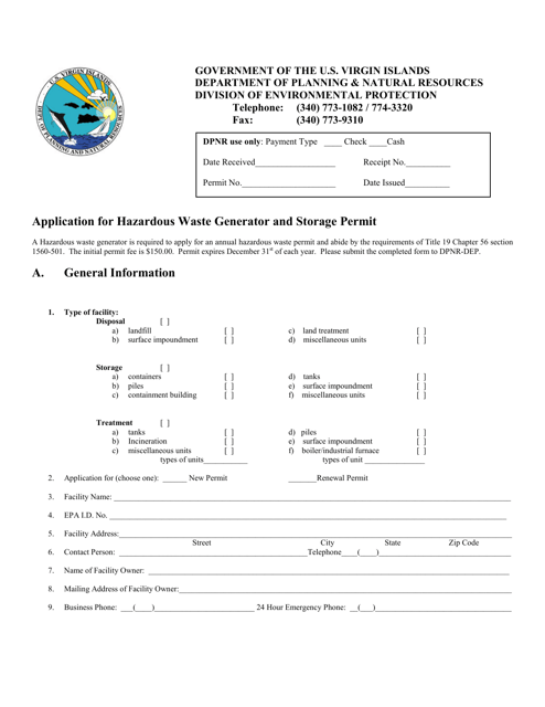 Document preview: Application for Hazardous Waste Generator and Storage Permit - Virgin Islands