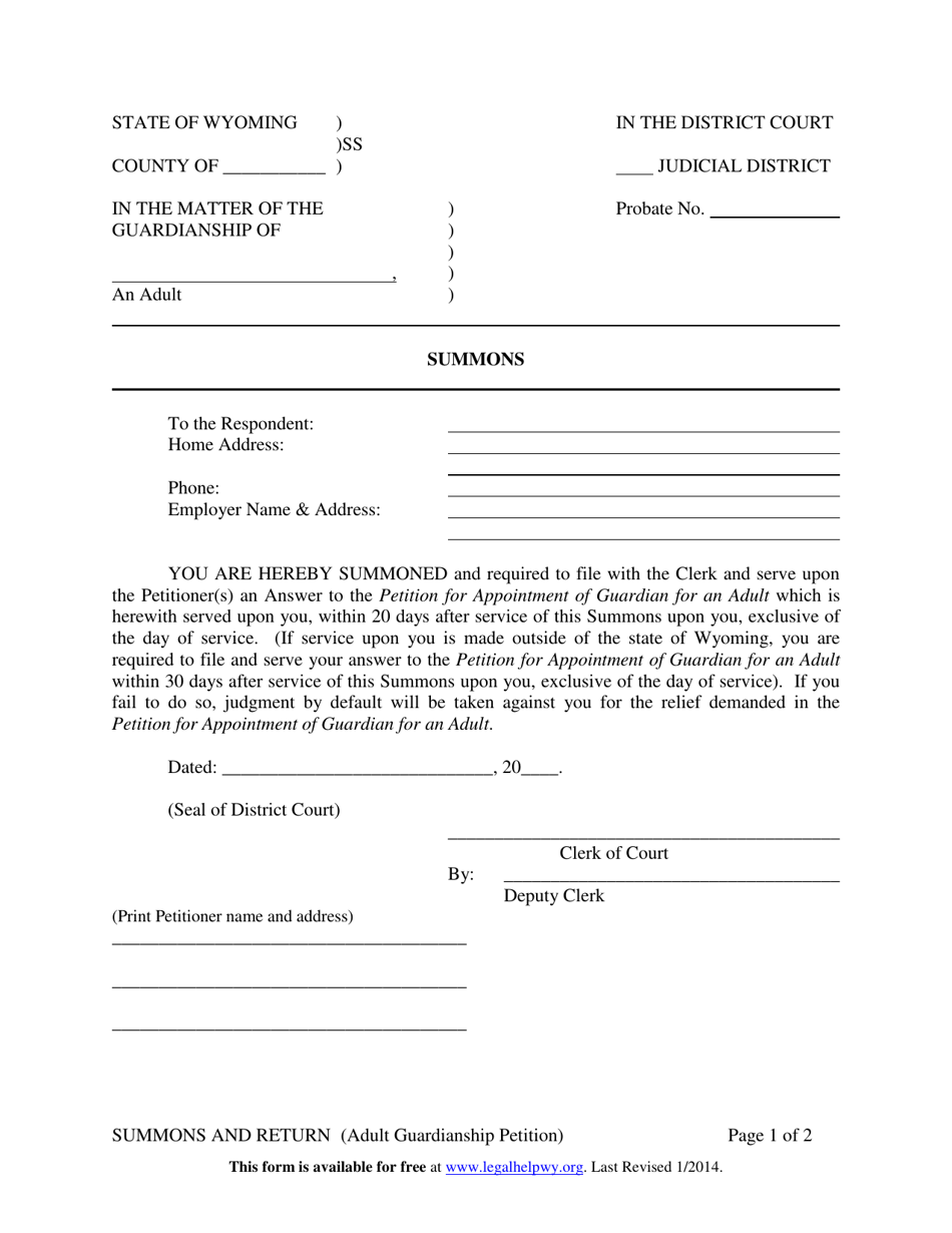 Summons and Return (Adult Guardianship Petition) - Wyoming, Page 1