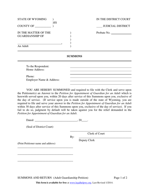 Summons and Return (Adult Guardianship Petition) - Wyoming Download Pdf
