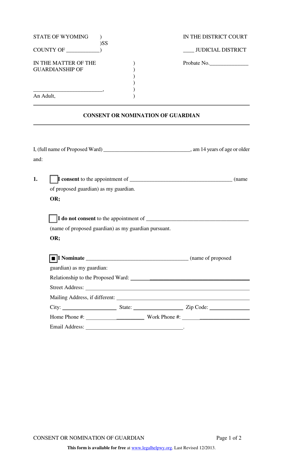 Wyoming Consent or Nomination of Guardian for an Adult Fill Out, Sign