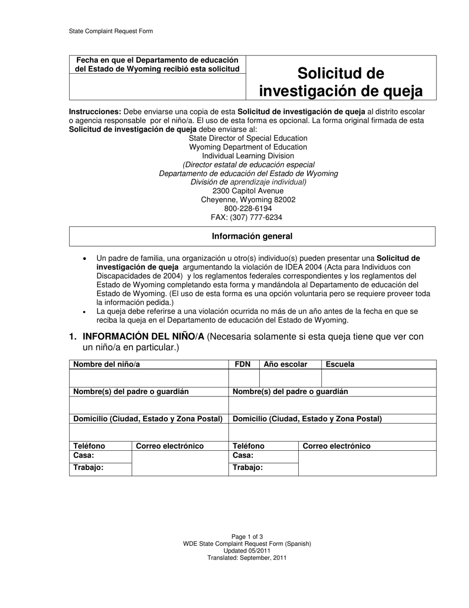 Solicitud De Investigacion De Queja - Wyoming (Spanish), Page 1
