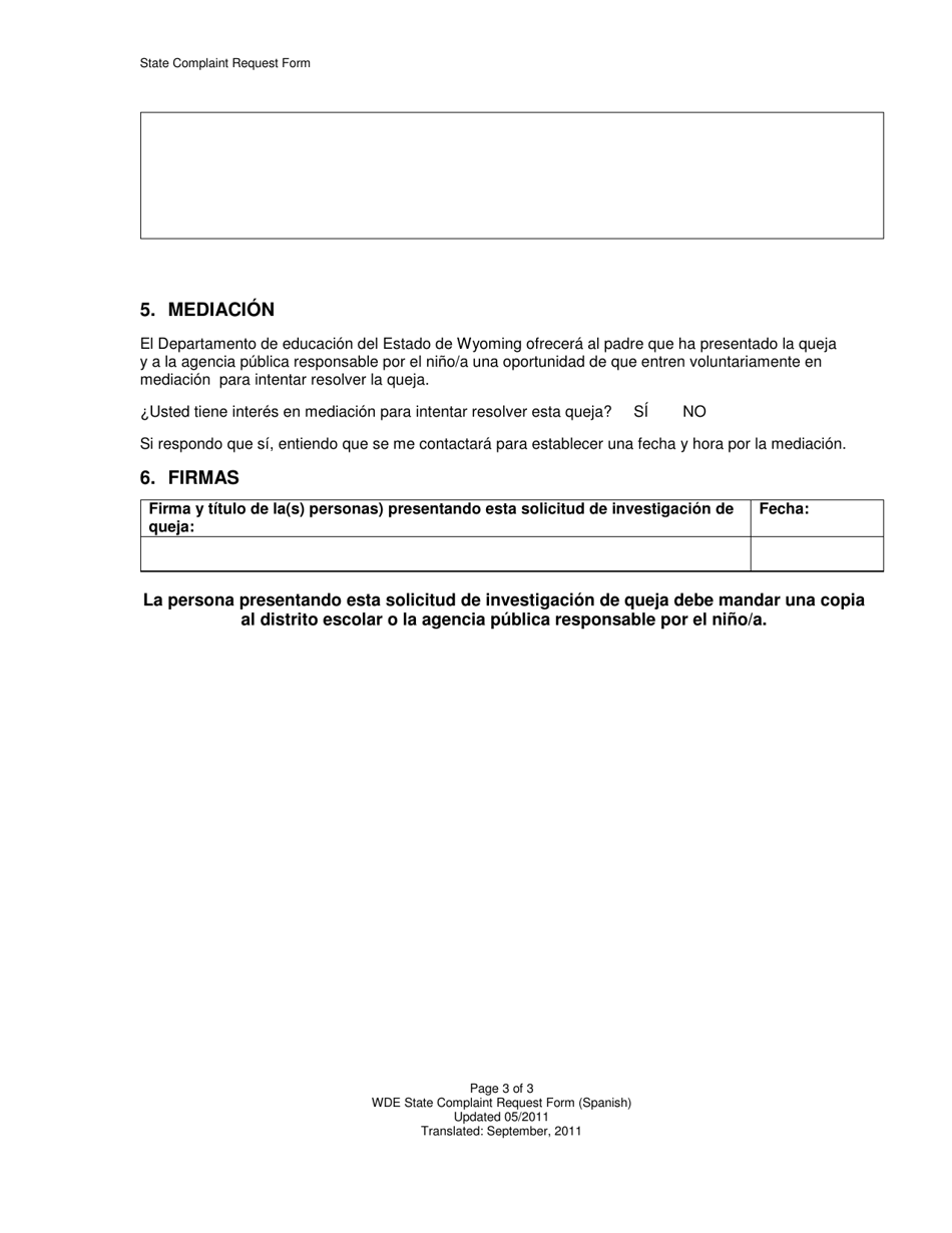Solicitud De Investigacion De Queja - Wyoming (Spanish), Page 3