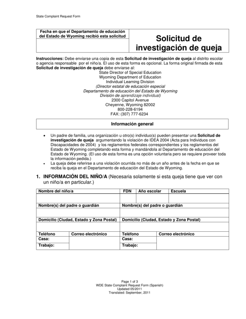 Solicitud De Investigacion De Queja - Wyoming (Spanish) Download Pdf