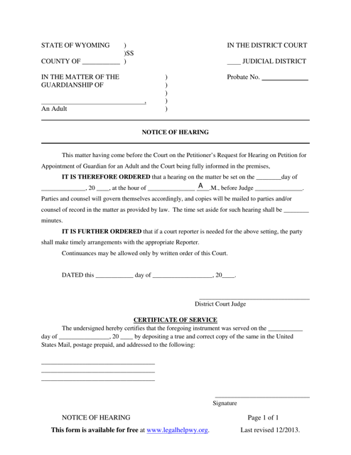 Notice of Hearing for Appointment of Guardian for an Adult - Wyoming Download Pdf