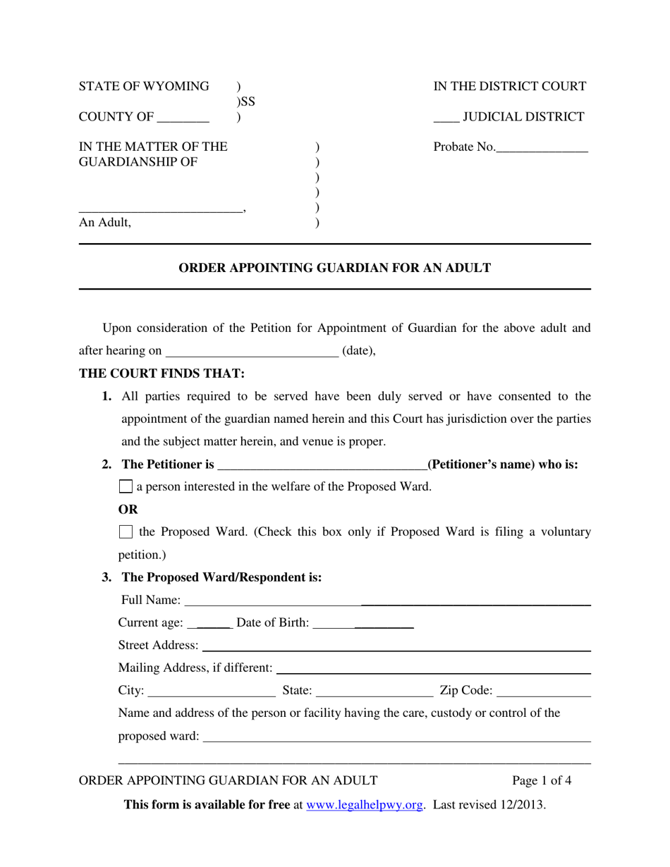 Order Appointing Guardian for an Adult - Wyoming, Page 1