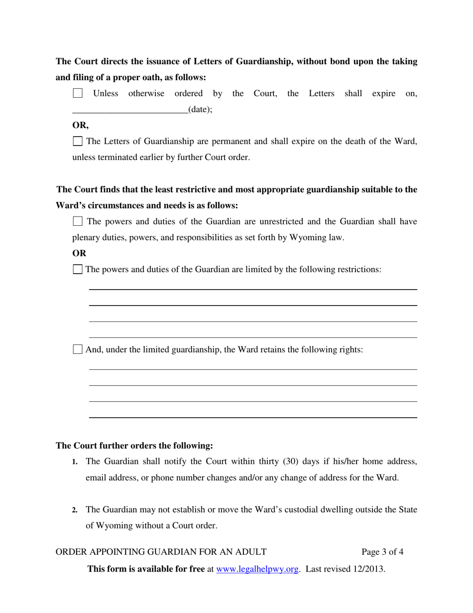 Order Appointing Guardian for an Adult - Wyoming, Page 3