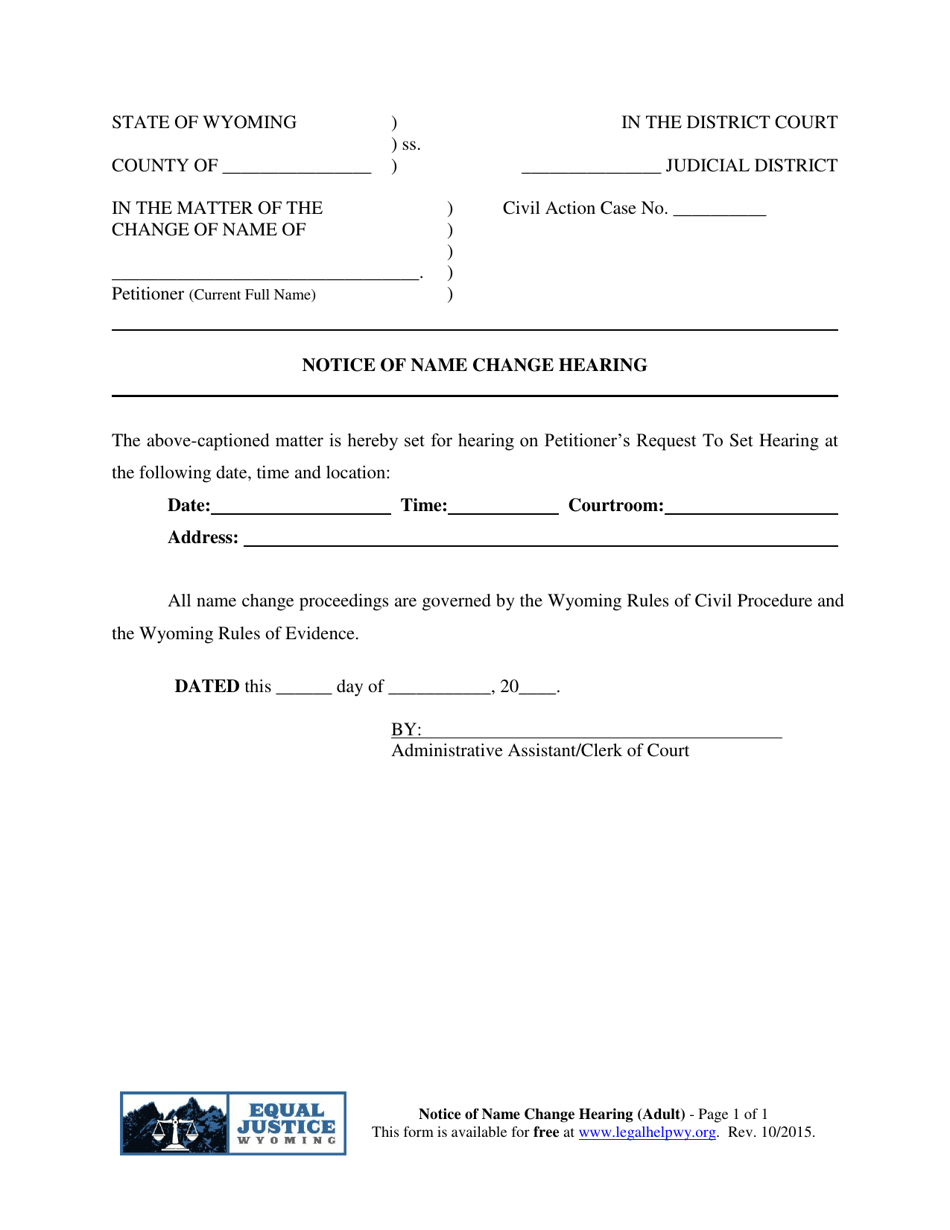 Notice of Name Change Hearing (Adult) - Wyoming, Page 1