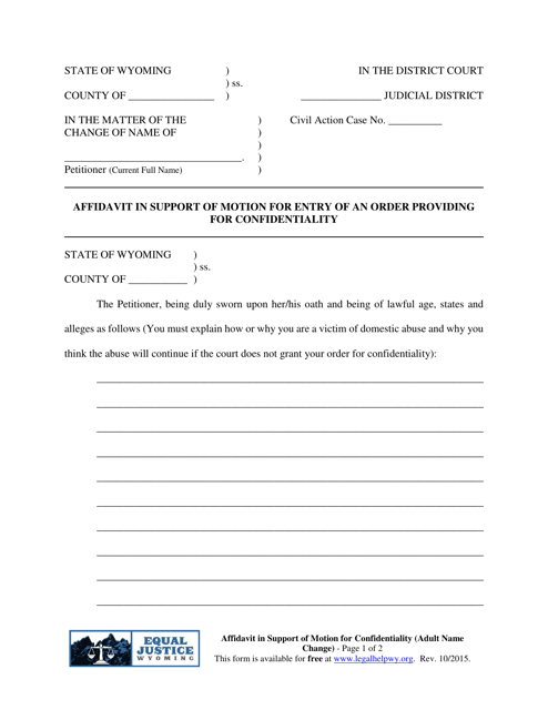 Affidavit in Support of Motion for Entry of an Order Providing for Confidentiality (Adult Name Change) - Wyoming Download Pdf
