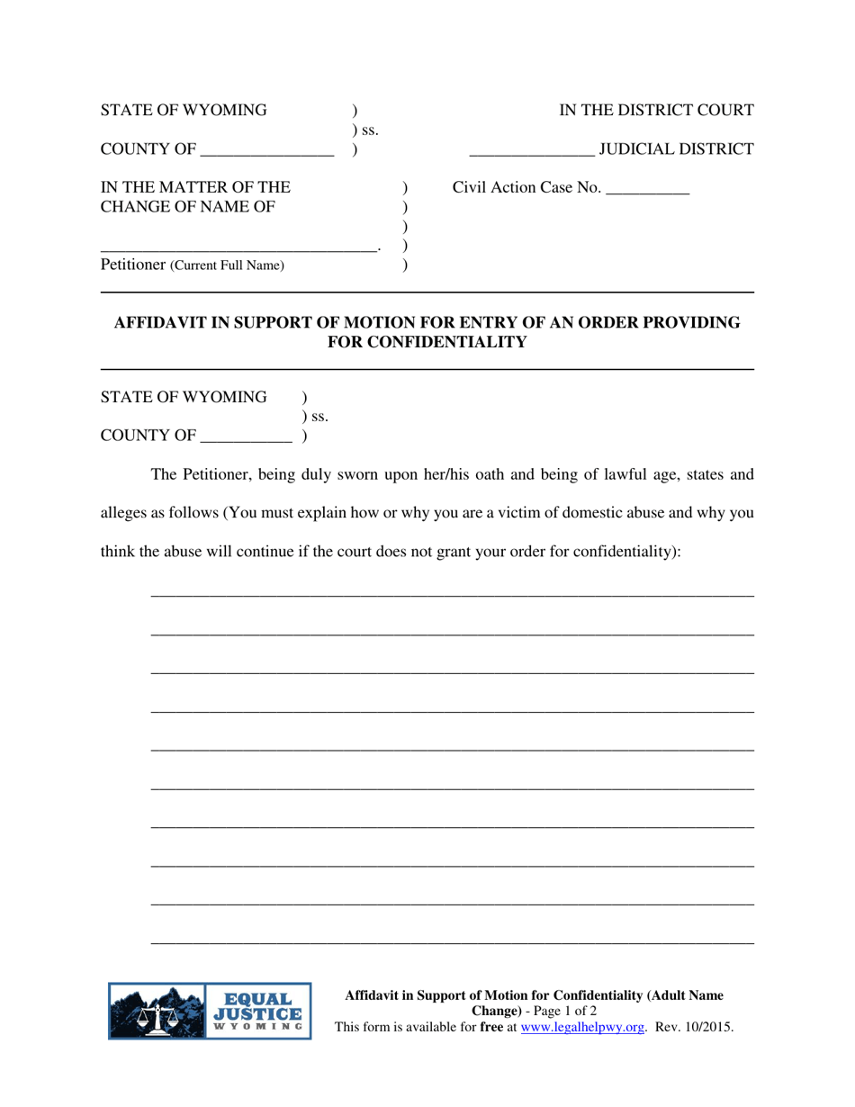 Affidavit in Support of Motion for Entry of an Order Providing for Confidentiality (Adult Name Change) - Wyoming, Page 1