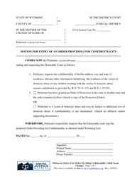 Document preview: Motion for Entry of an Order Providing Confidentiality (Adult Name Change) - Wyoming