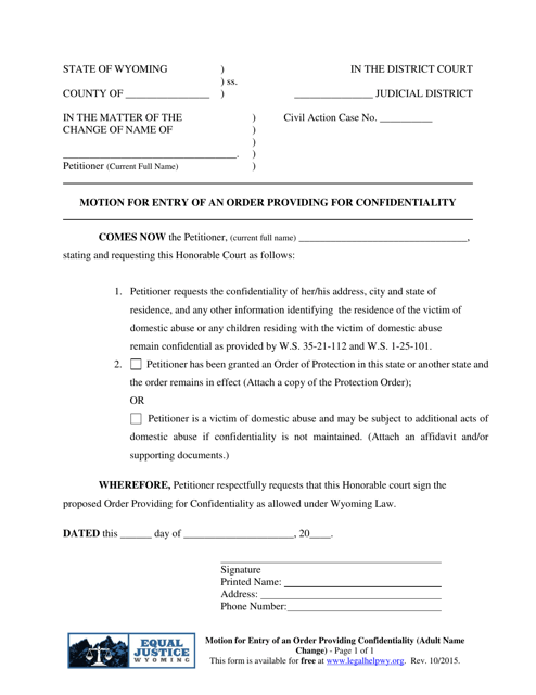 Motion for Entry of an Order Providing Confidentiality (Adult Name Change) - Wyoming Download Pdf