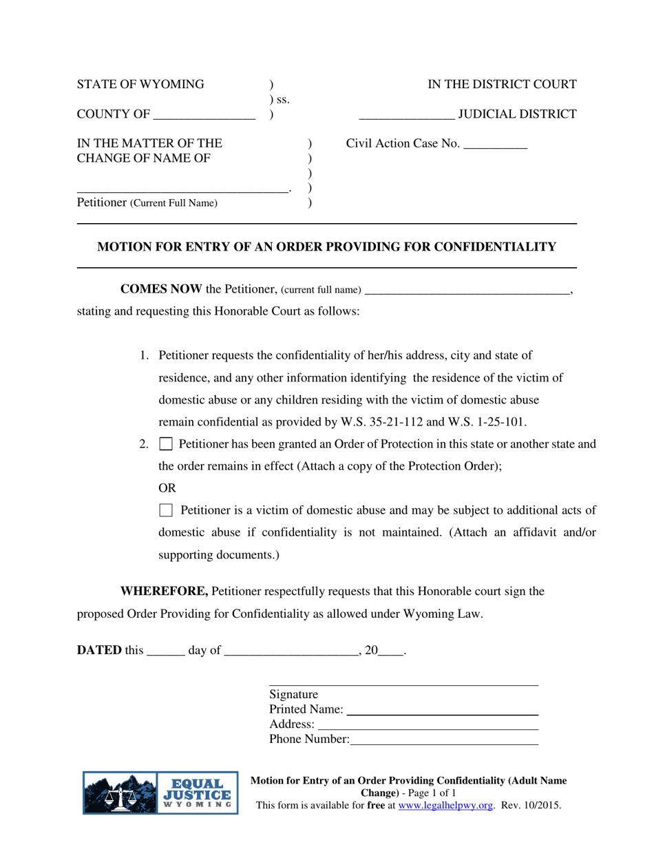Motion for Entry of an Order Providing Confidentiality (Adult Name Change) - Wyoming, Page 1