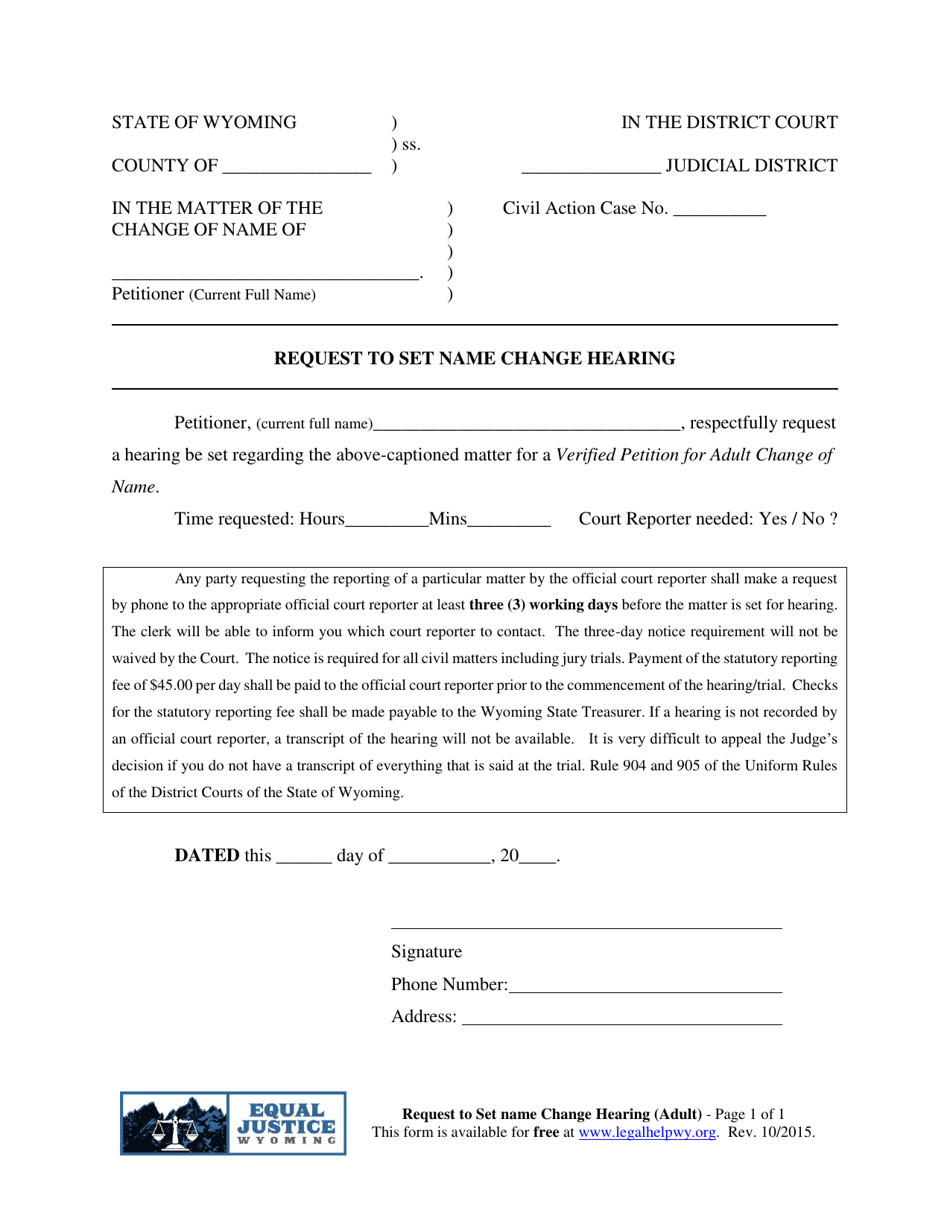Request to Set Name Change Hearing (Adult) - Wyoming, Page 1