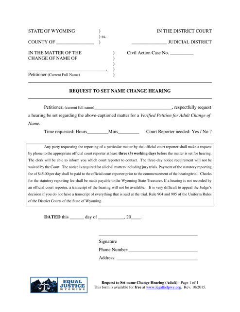 Request to Set Name Change Hearing (Adult) - Wyoming Download Pdf