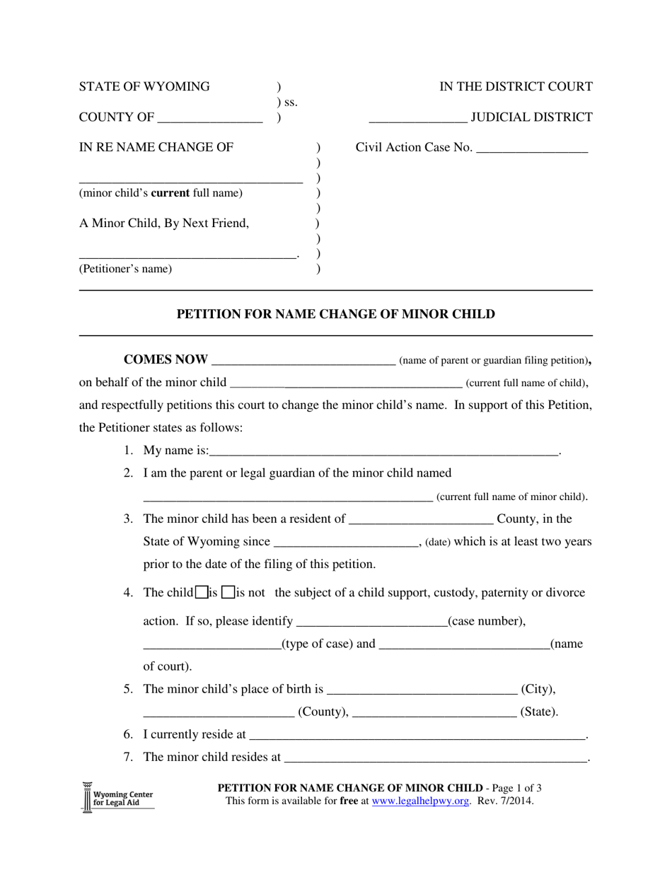 Petition for Name Change of Minor Child - Wyoming, Page 1