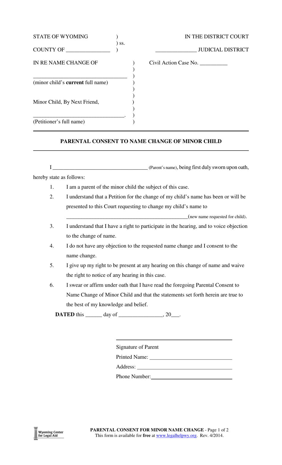 Parental Consent to Name Change of Minor Child - Wyoming, Page 1