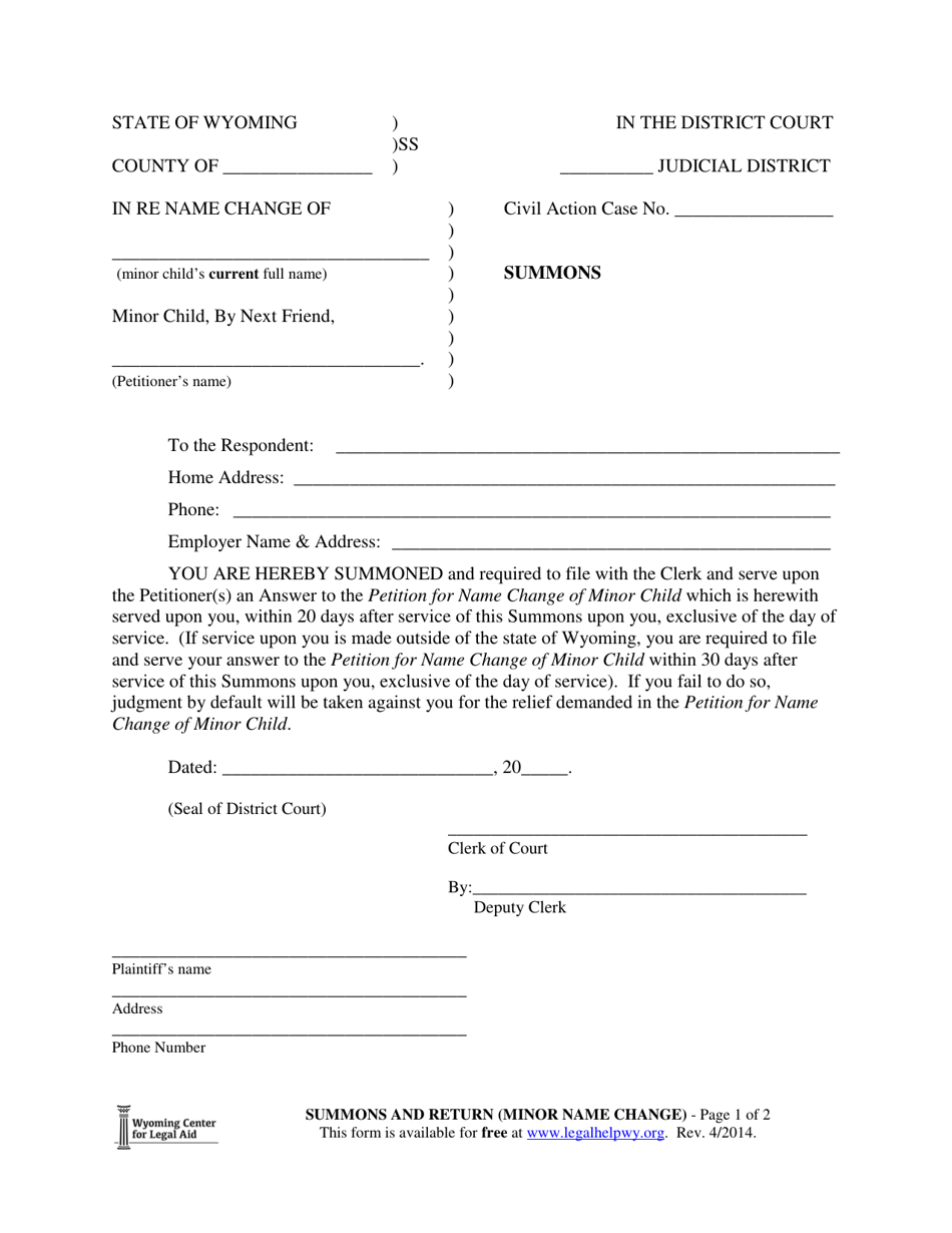 Summons and Return (Minor Name Change) - Wyoming, Page 1