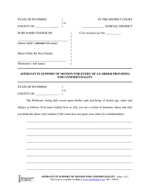 Affidavit in Support of Motion for Entry of an Order Providing for Confidentiality (Minor Name Change) - Wyoming