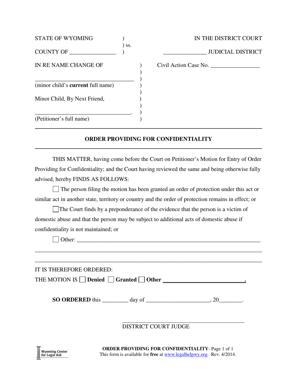Order Providing for Confidentiality (Minor Name Change) - Wyoming, Page 1