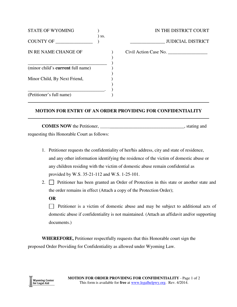 Motion for Entry of an Order Providing for Confidentiality (Minor Name Change) - Wyoming, Page 1
