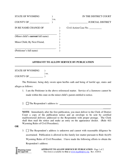 Affidavit to Allow Service by Publication (Minor Name Change) - Wyoming Download Pdf