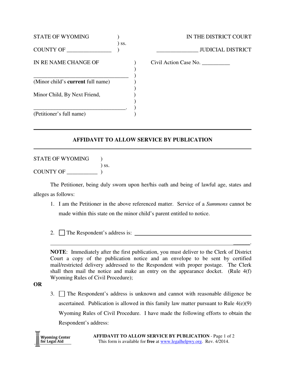 Affidavit to Allow Service by Publication (Minor Name Change) - Wyoming, Page 1