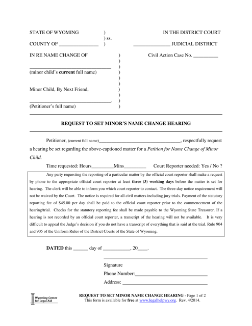 Request to Set Minor's Name Change Hearing - Wyoming Download Pdf