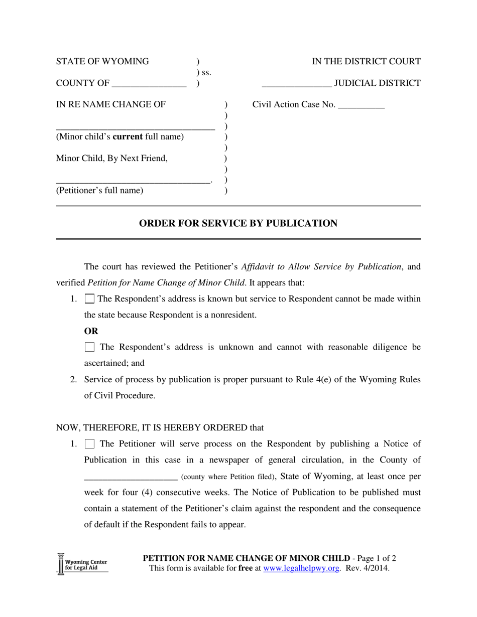 Order for Service by Publication (Minor Name Change) - Wyoming, Page 1