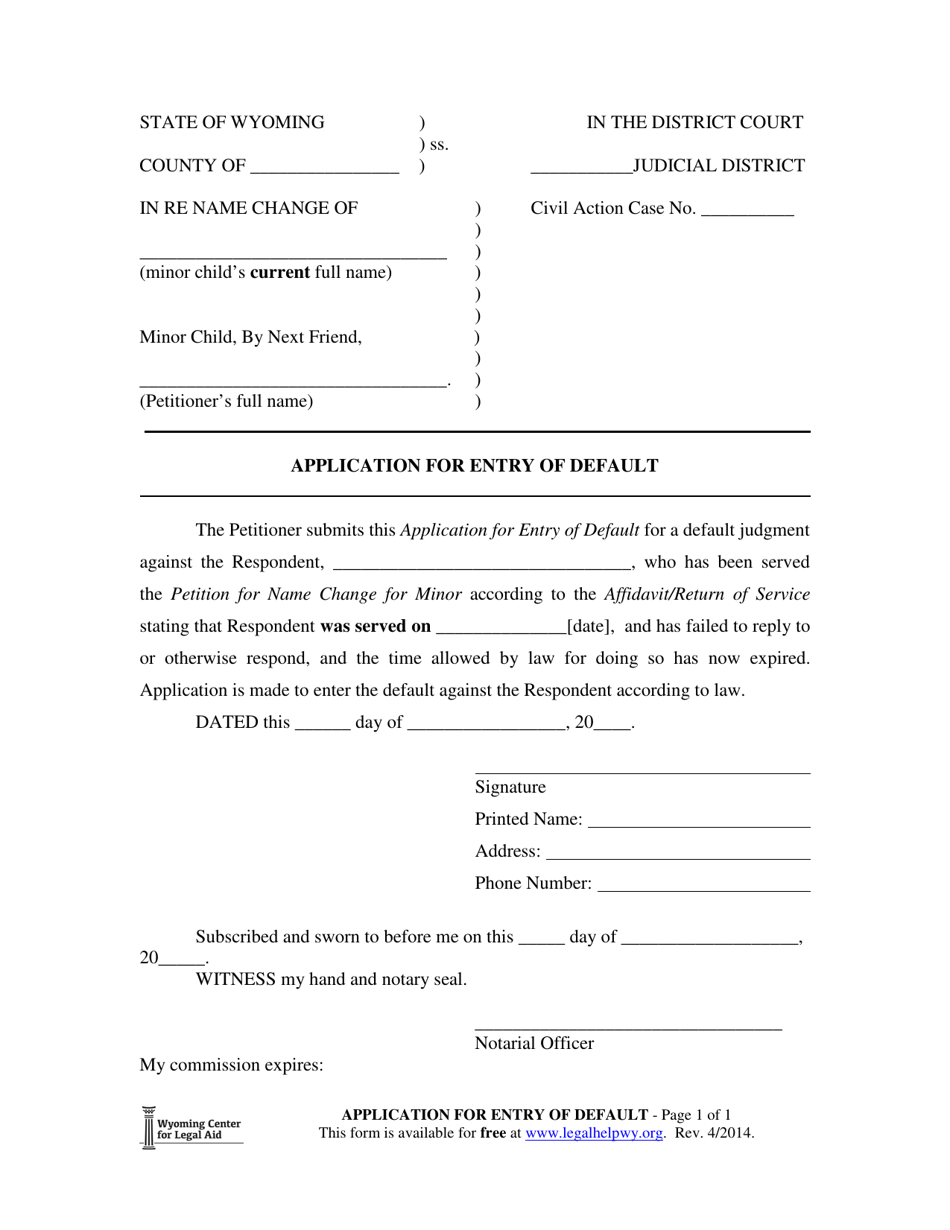 Application for Entry of Default - Minor Name Change - Wyoming, Page 1