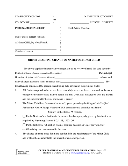 Order Granting Change of Name for Minor Child - Wyoming Download Pdf