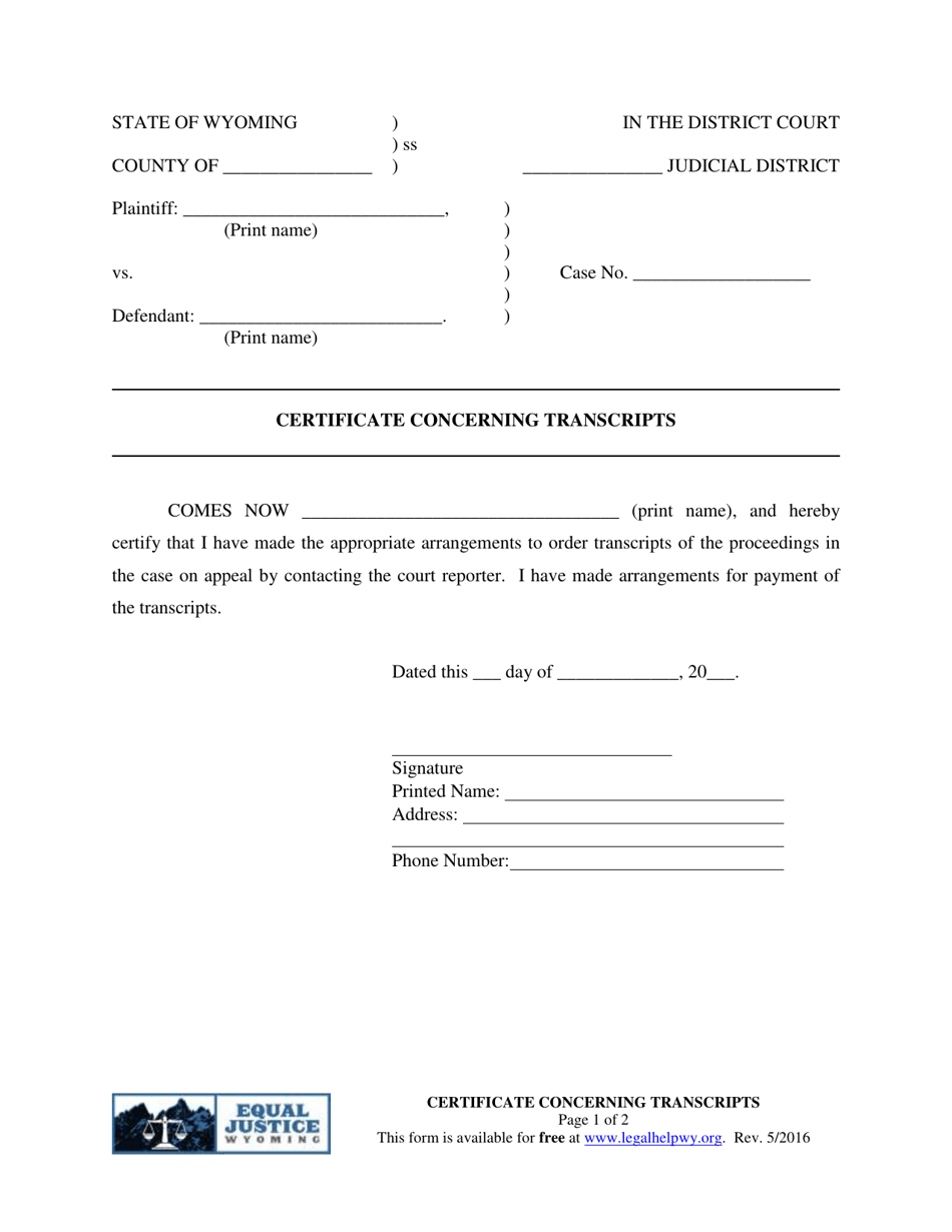 Certificate Concerning Transcripts - Wyoming, Page 1