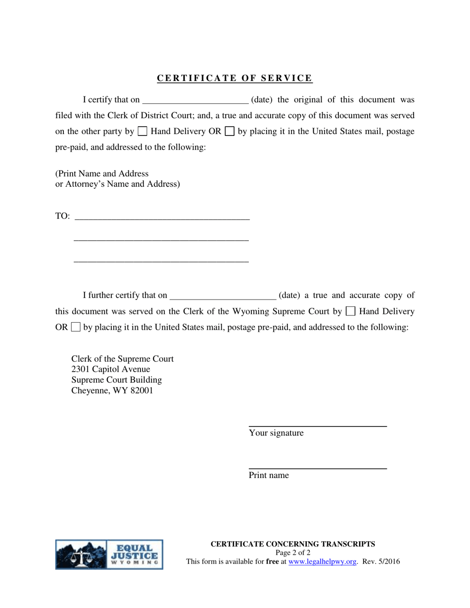 Certificate Concerning Transcripts - Wyoming, Page 2