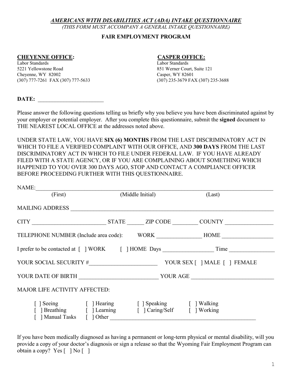Wyoming Americans With Disabilities Act (Ada) Intake Questionnaire ...
