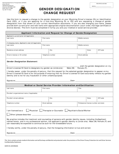 Document preview: Form GDCR-01 Gender Designation Change Request - Wyoming