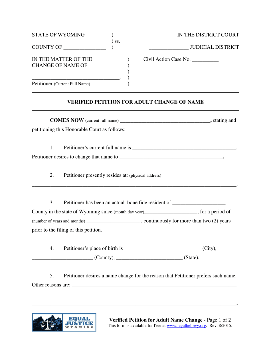 Verified Petition for Adult Change of Name - Wyoming, Page 1