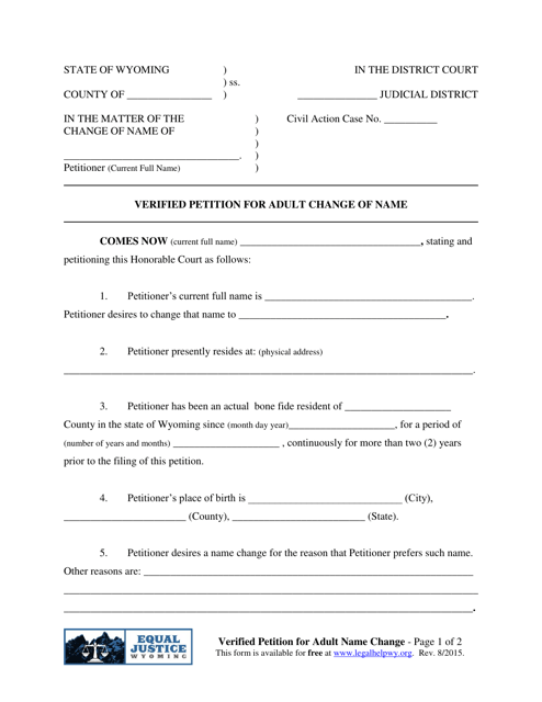 Verified Petition for Adult Change of Name - Wyoming Download Pdf