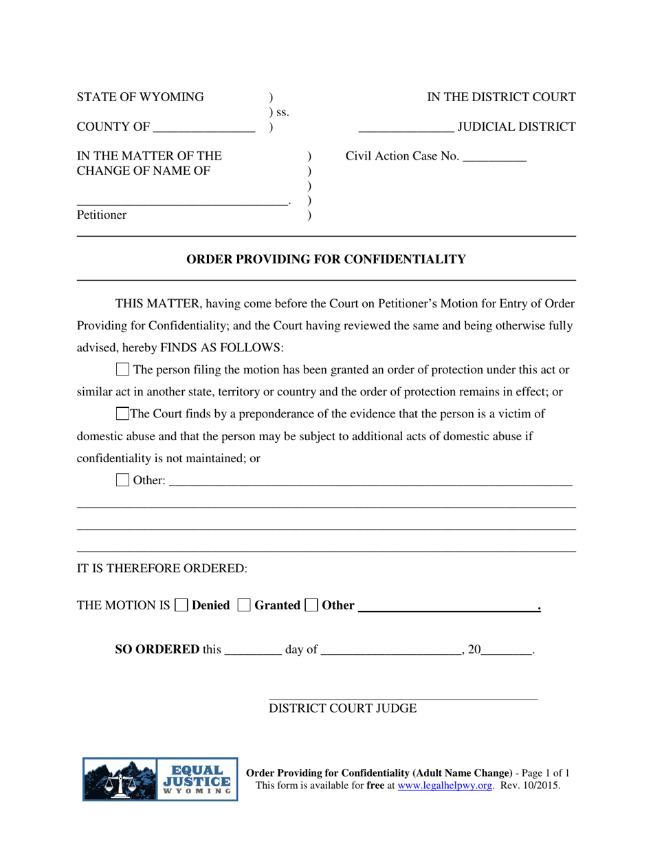 Order Providing for Confidentiality (Adult Name Change) - Wyoming, Page 1