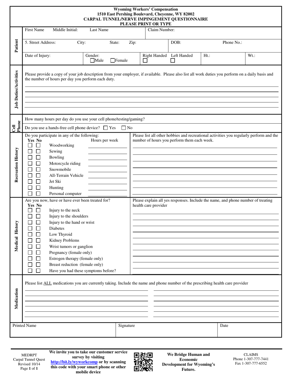 Carpal Tunnel / Nerve Impingement Questionnaire - Wyoming, Page 1
