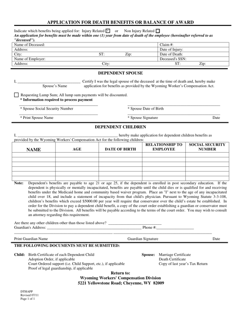 Application for Death Benefits or Balance of Award - Wyoming Download Pdf