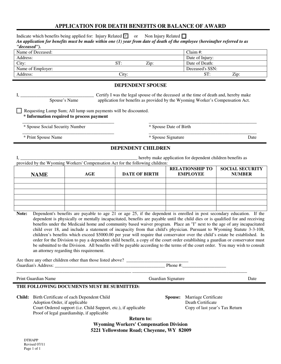 Application for Death Benefits or Balance of Award - Wyoming, Page 1