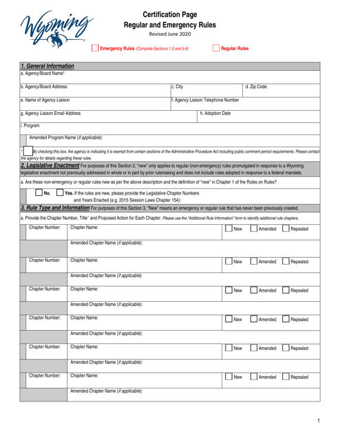 Certification Page - Regular and Emergency Rules - Wyoming Download Pdf