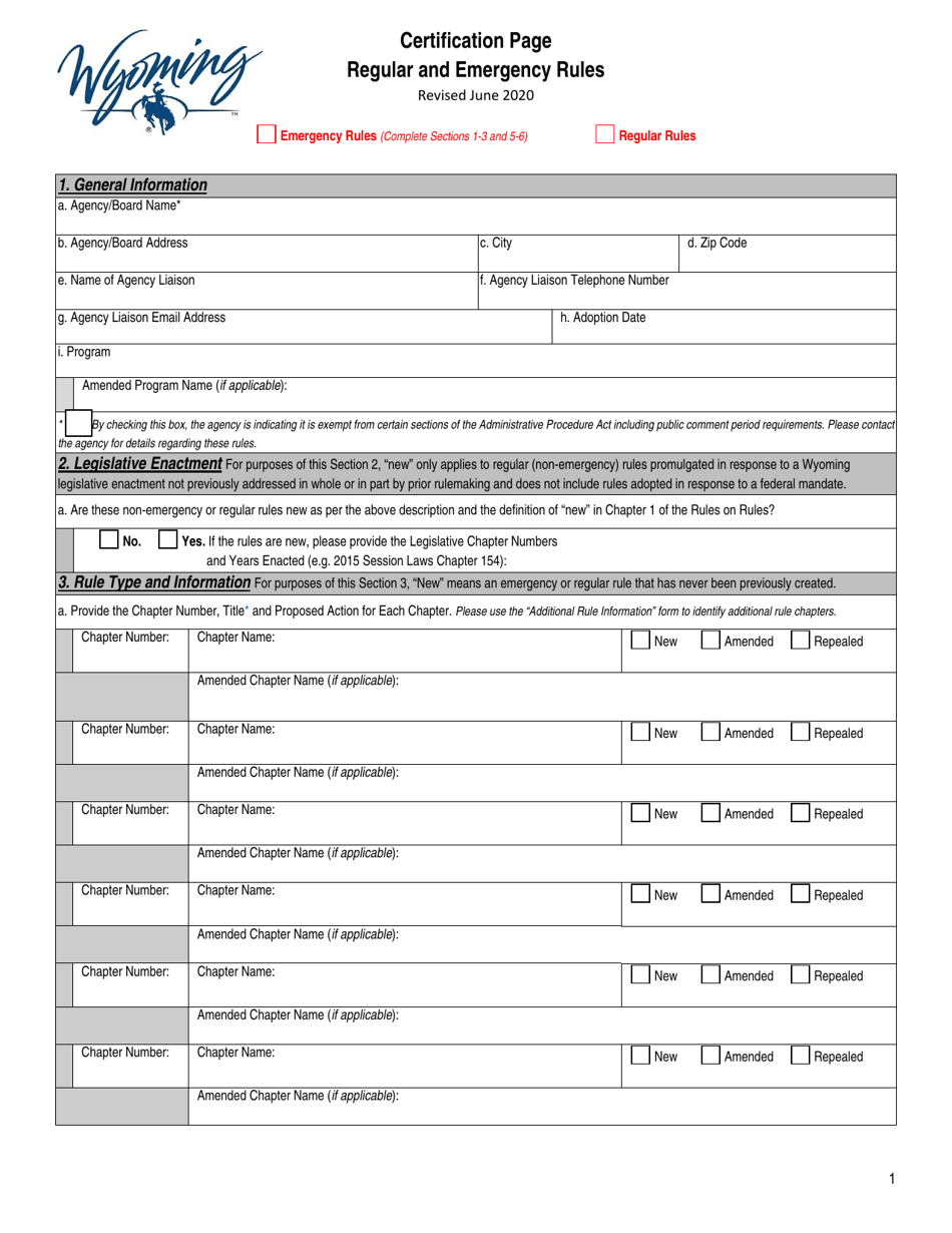 Certification Page - Regular and Emergency Rules - Wyoming, Page 1
