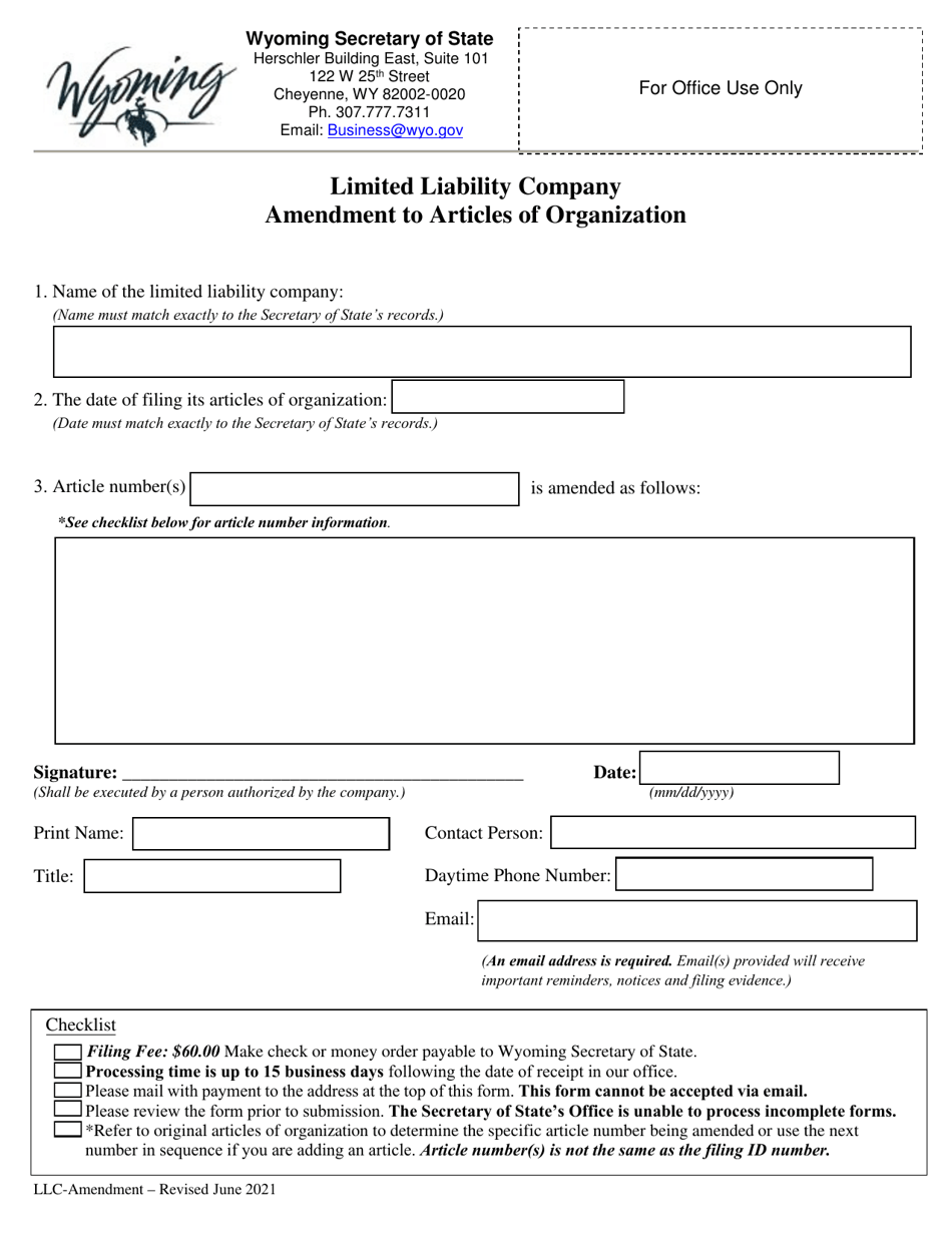 Limited Liability Company Amendment to Articles of Organization - Wyoming, Page 1