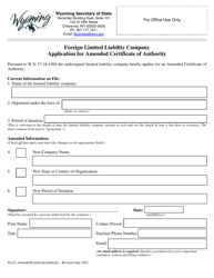 Document preview: Foreign Limited Liability Company Application for Amended Certificate of Authority - Wyoming