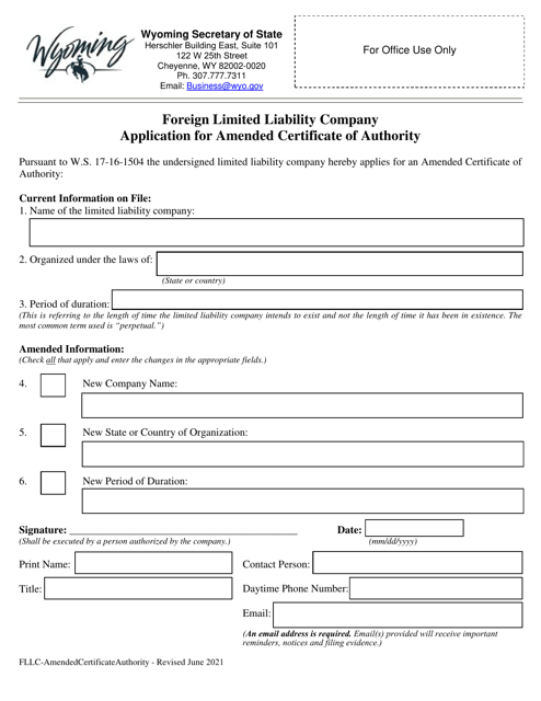 Foreign Limited Liability Company Application for Amended Certificate of Authority - Wyoming Download Pdf