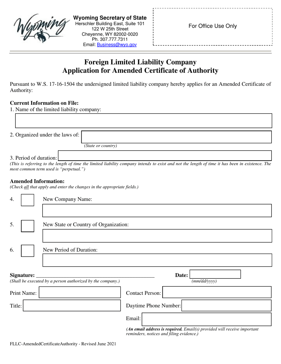 Foreign Limited Liability Company Application for Amended Certificate of Authority - Wyoming, Page 1