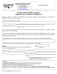 Document preview: Foreign Limited Liability Company Application for Certificate of Withdrawal - Wyoming