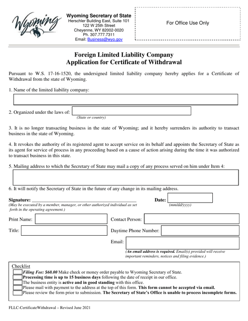 Foreign Limited Liability Company Application for Certificate of Withdrawal - Wyoming Download Pdf