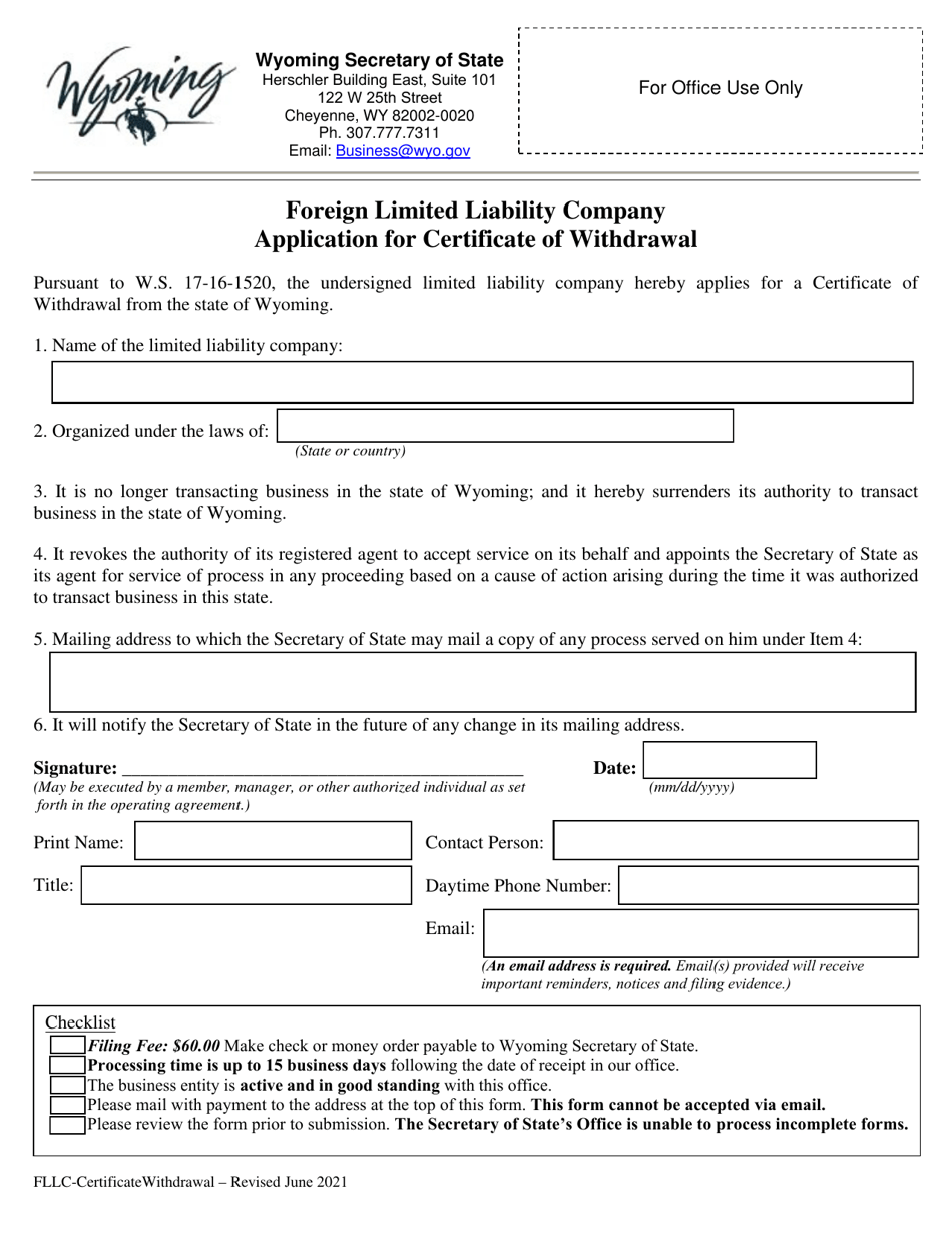 Foreign Limited Liability Company Application for Certificate of Withdrawal - Wyoming, Page 1